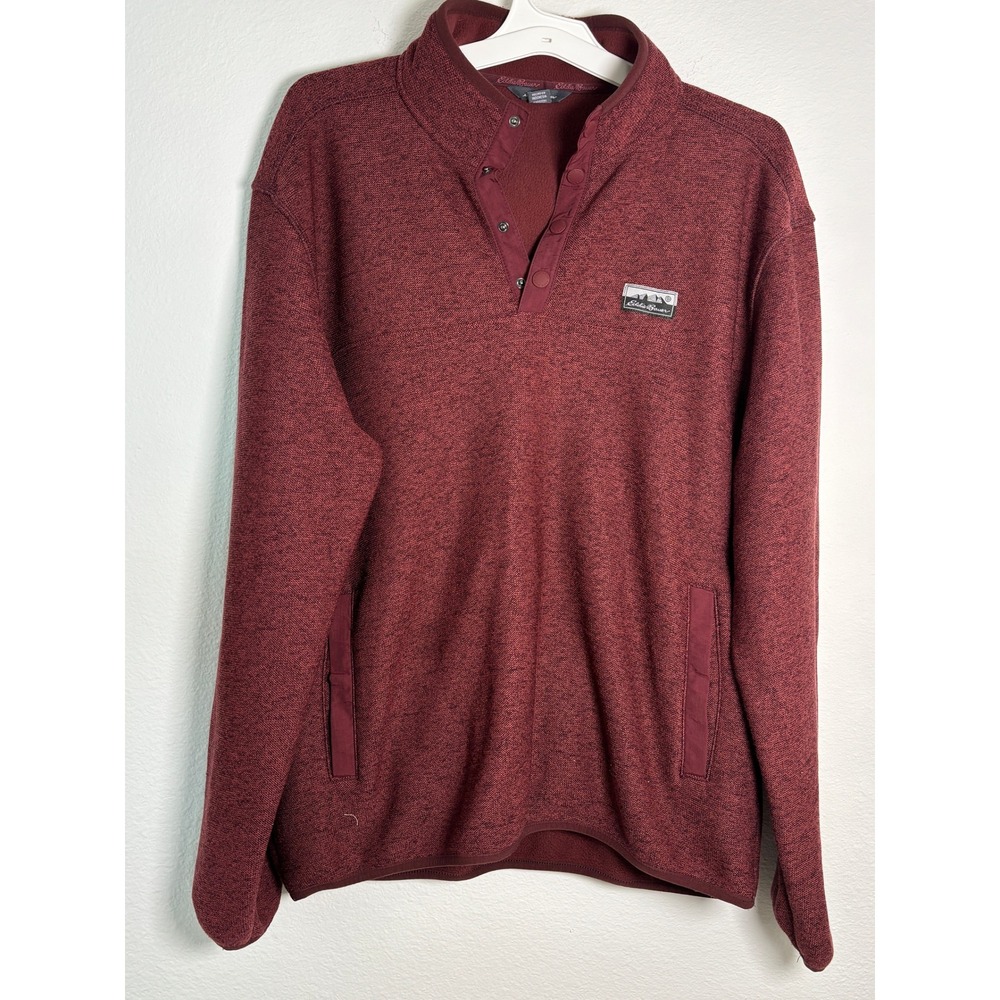 Eddie Bauer Mens Fleece Pullover Burgundy Heather Snap Neck Sweater Large